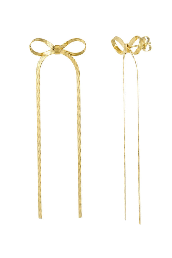oorbellen met strik en lange ketting stainless steel goudkleurig